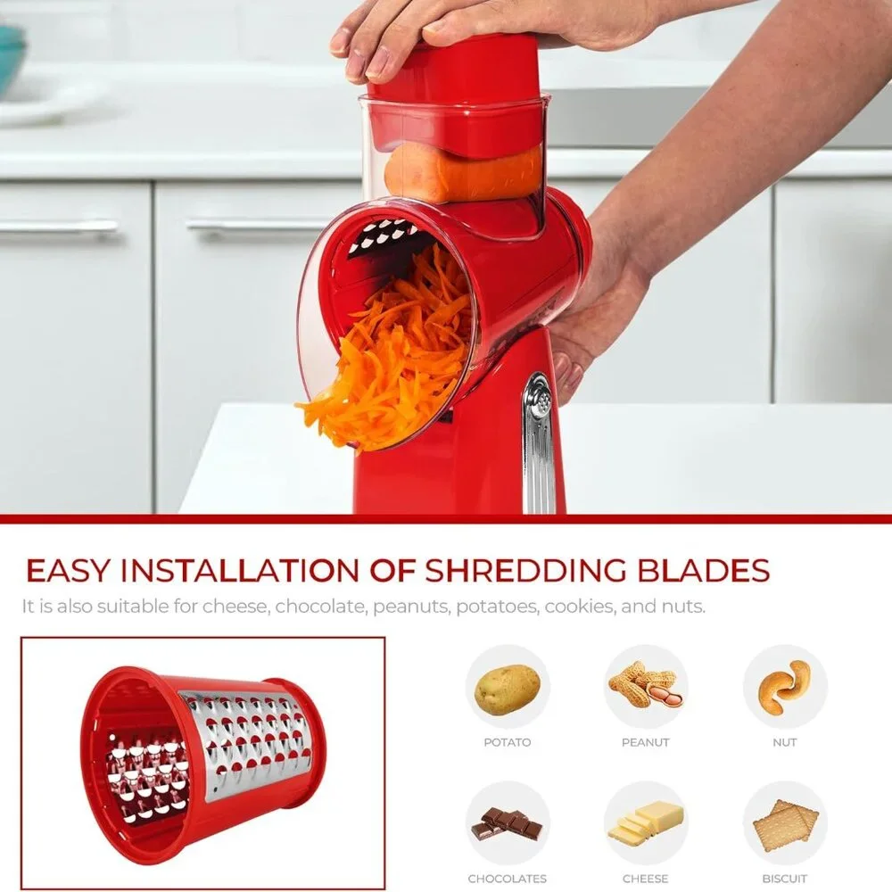Rotary Cheese Grater w/Handle &5 Blades, Round Slicer & Vegetable Grater Red - Picture 4 of 8